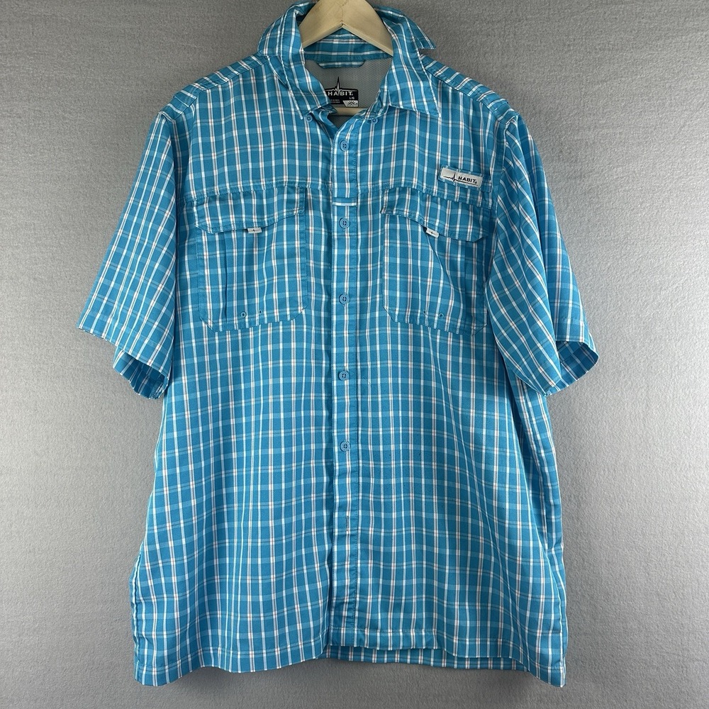 Habit Solar Finder Men's Blue Plaid Vented Button Down Pockets Shirt LARGE